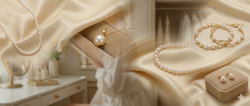 Pearl jewelry set including necklace, earrings, and bracelet on a soft fabric background.
