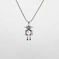 A robot-shaped pearl  pendant necklace on a white background