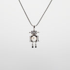 A robot-shaped pearl  pendant necklace on a white background