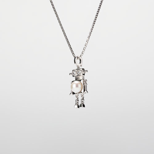 A robot-shaped pearl  pendant necklace on a white background
