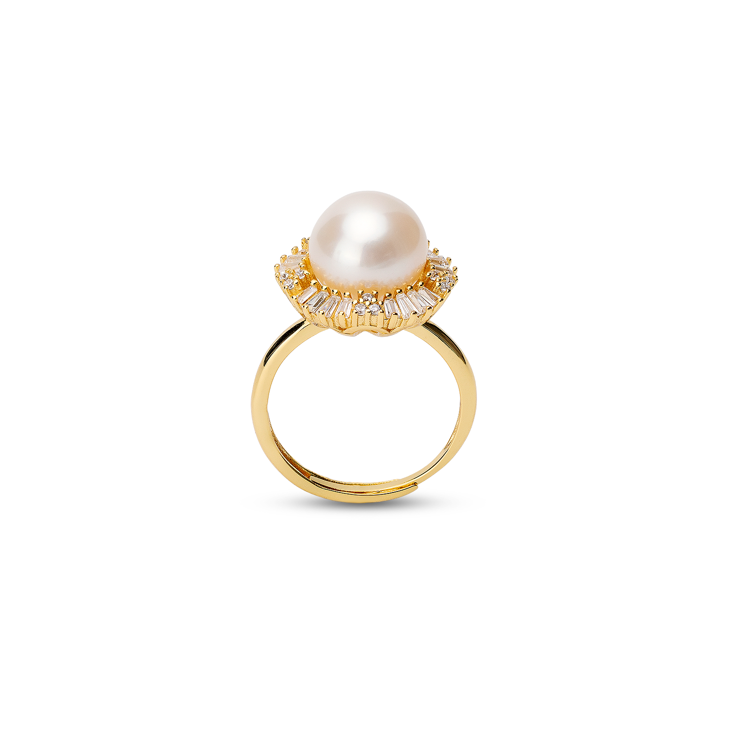 Pearl ring with cubic zirconia on a white background