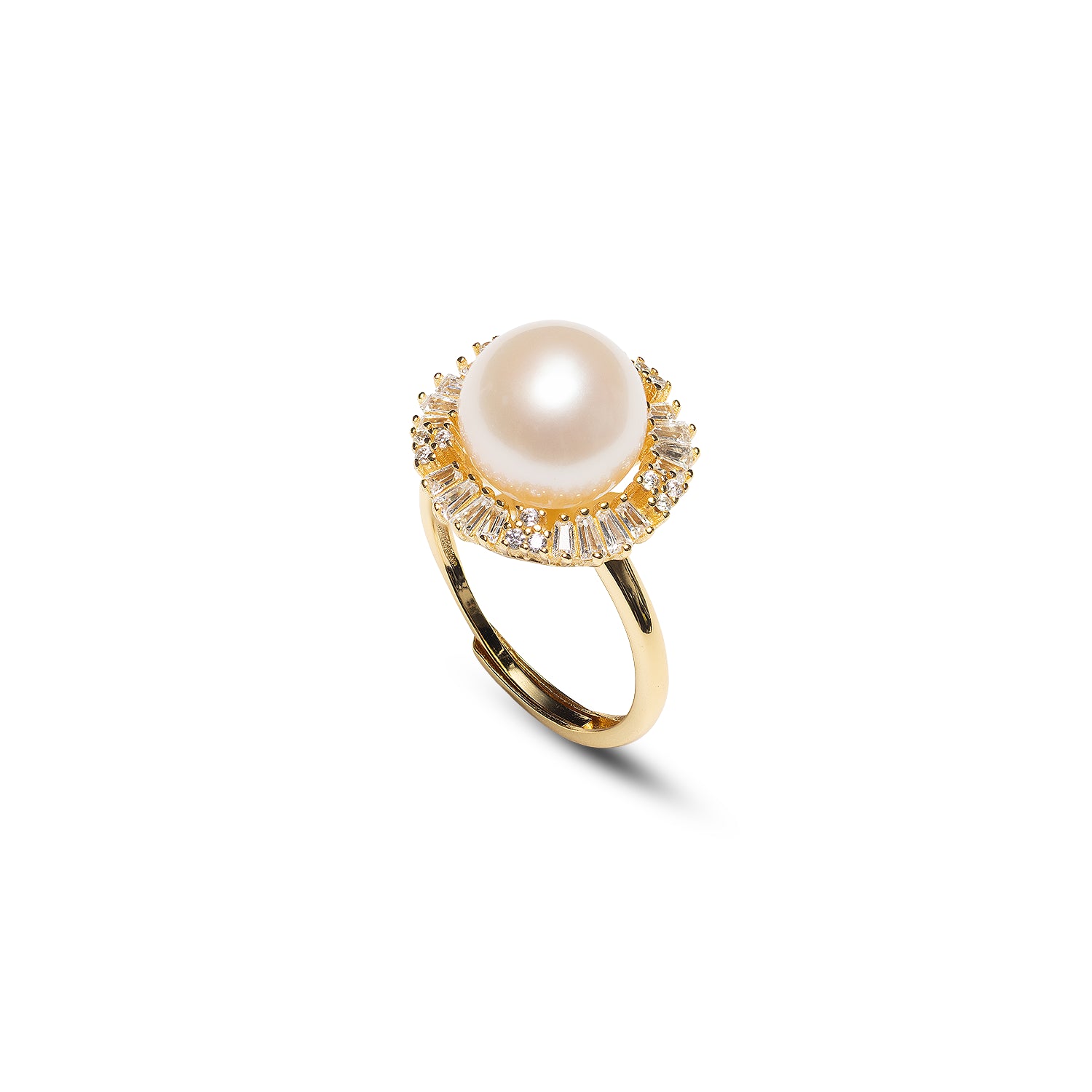 Pearl ring with cubic zirconia  on a white background