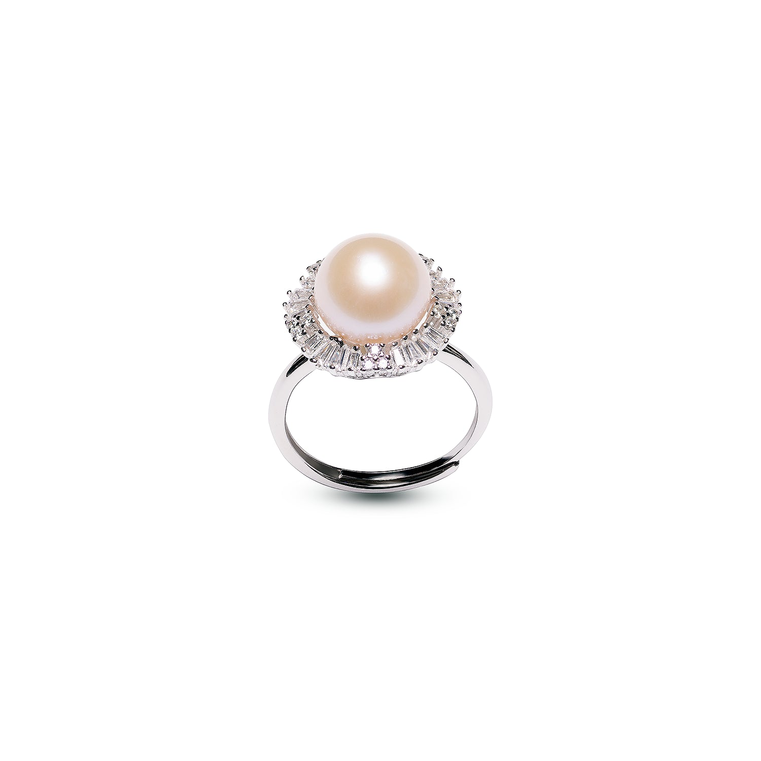 Pearl ring with cubic zirconia  on a white background